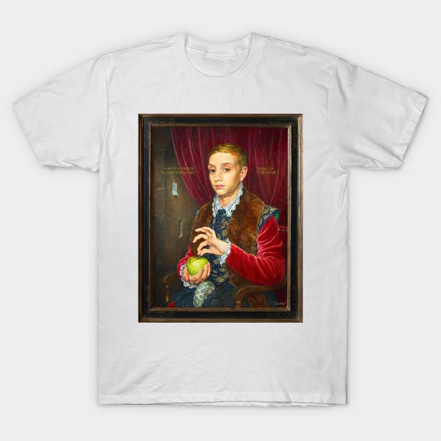 Boy With Apple Painting with painted frame T-Shirt by DesignDLW